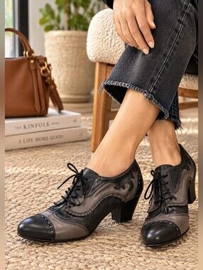 Bulle Made in Italy Two Tone Leather Oxford Heels Victorian Lace Up Shoes 39